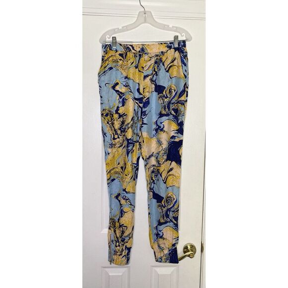 By Melene Birger Womens Silk Esthir Leg Zipper Tapered Pants Blue Yellow 38 US M - Picture 1 of 7